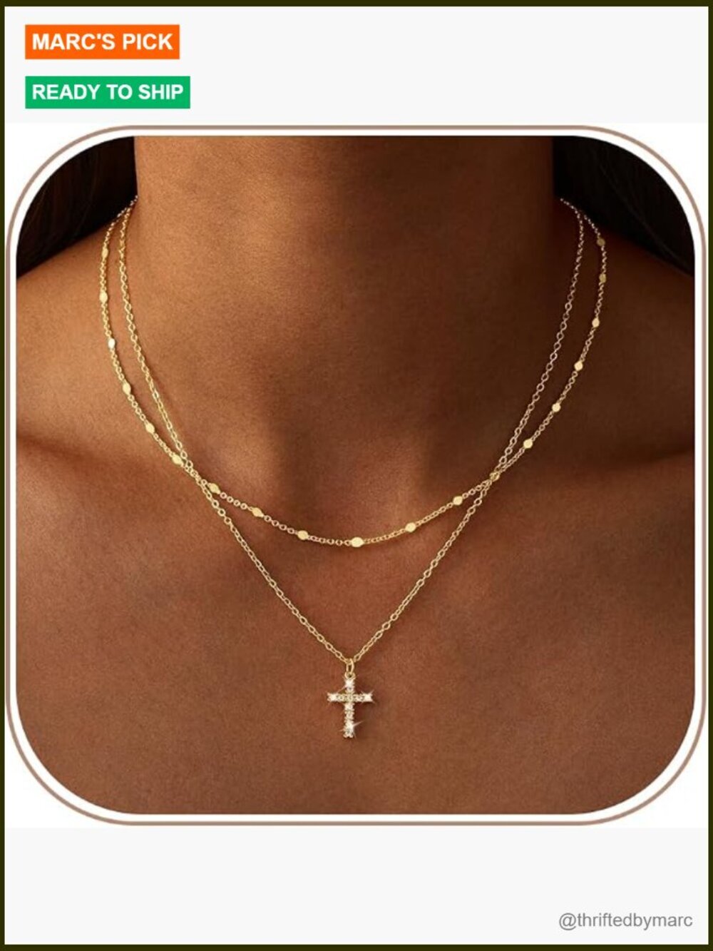 Layered CZ Cross Pendant Necklace Dainty 14K Gold Plated Adjustable Chains Non